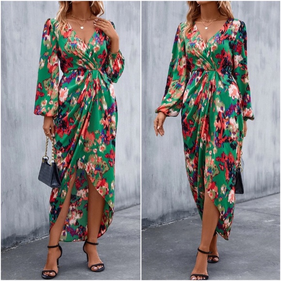 Dresses & Skirts - Boho Floral Print Satin Evening Date Maxi Dress